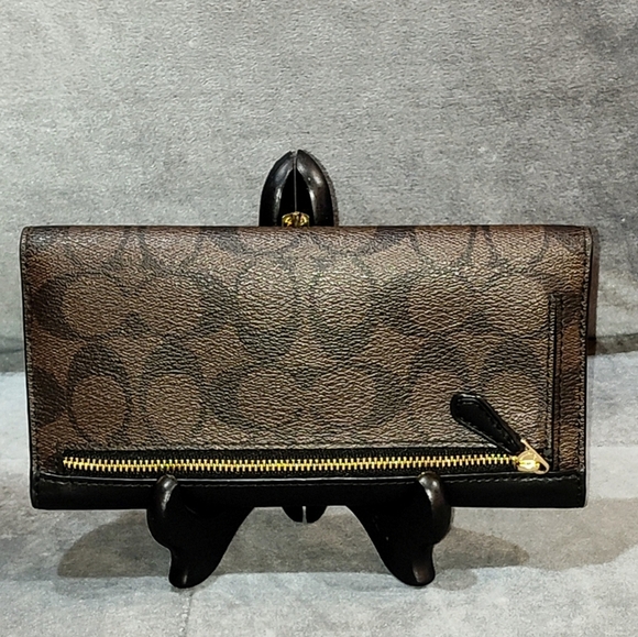 COACH SIGNATURE MONOGRAM TRI-FOLD LONG SNAP WALLET COATED CANVAS & BLACK NWOT - Picture 12 of 16